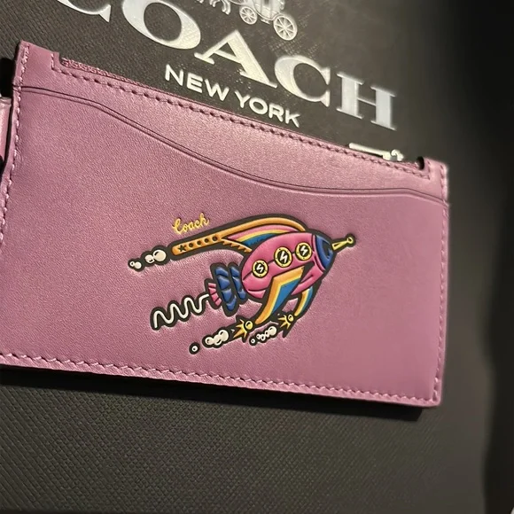 NWT Coach Cosmic Coach Zip Card Case Rocket Motif Leather Wallet Purple co246 - Picture 3 of 7